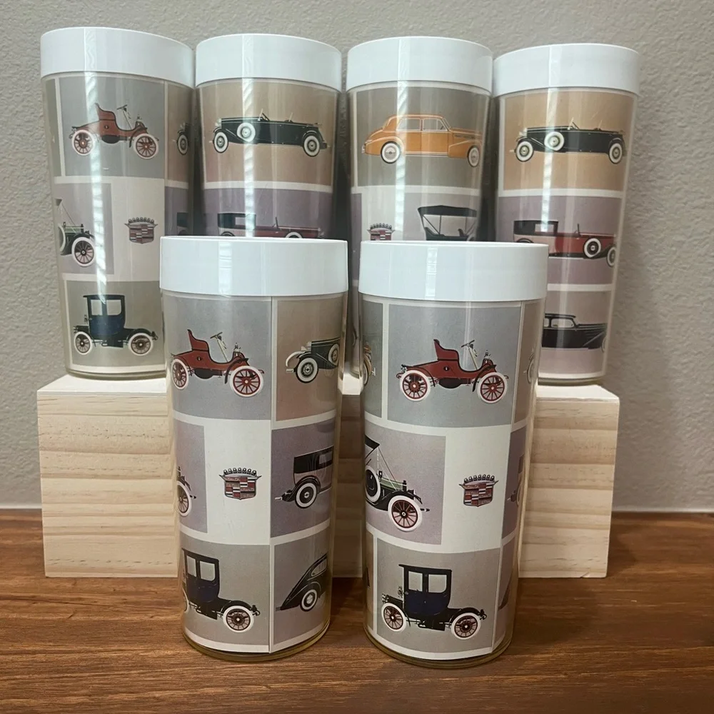 Vintage Rare Set- 6 West Bend Thermo-Serv Cadillac Cars Insulated Tumblers Auto